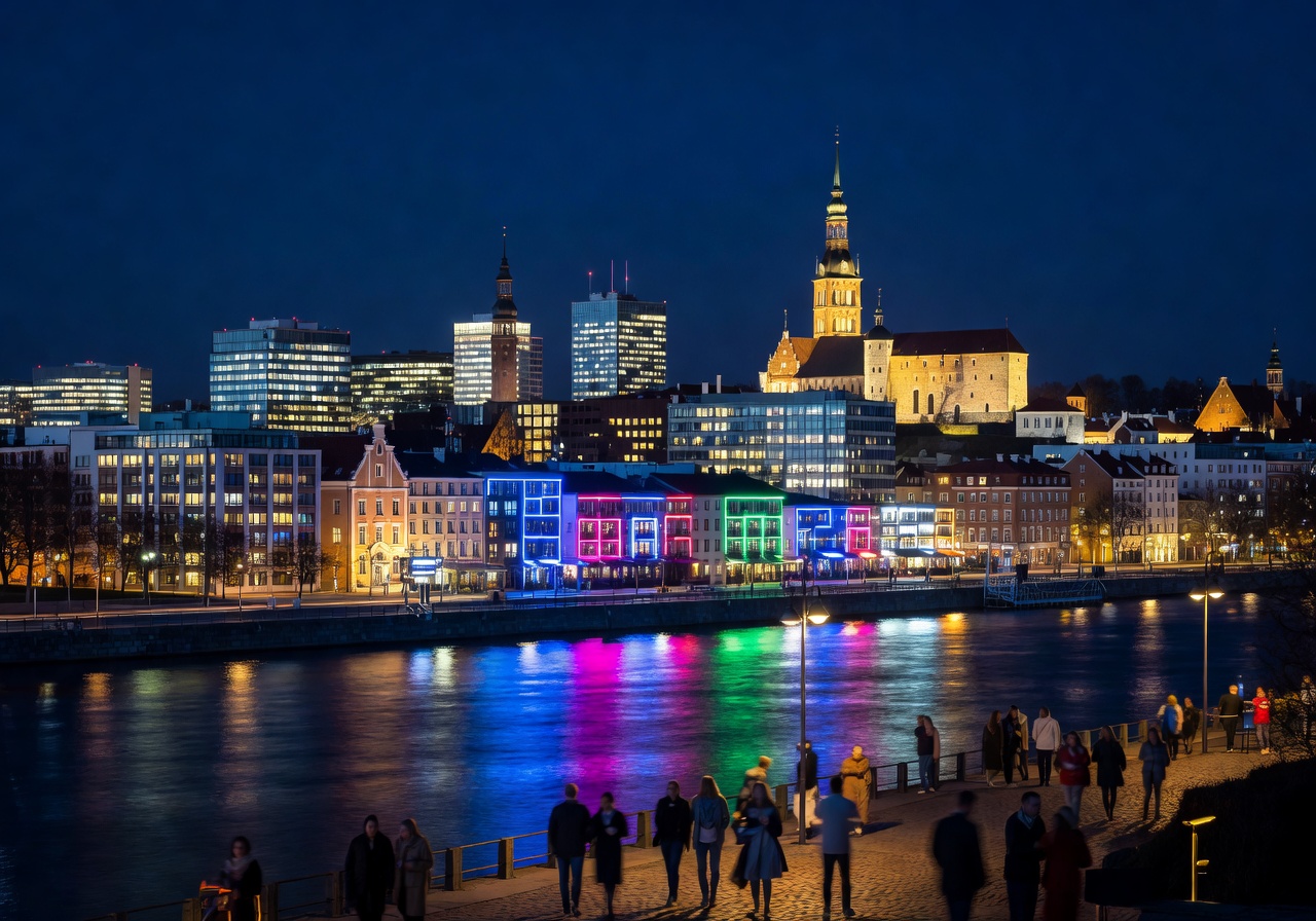 Riga skyline nightlife evening