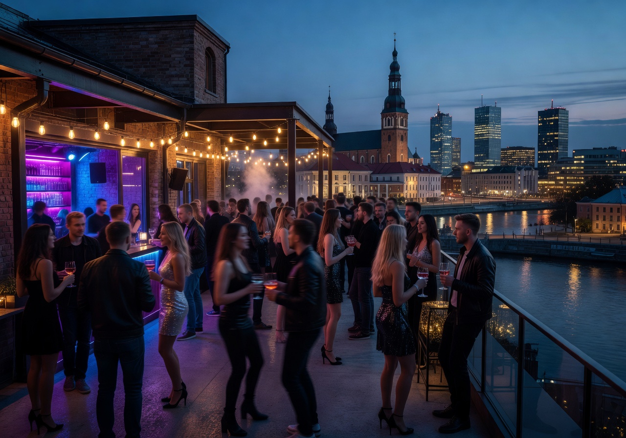 Rooftop nightlife club Riga skyline
